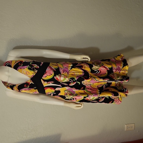 Vtg ROBBIE BEE Vibrant Multicolor Floral Mod Satin Halter Silk Dress - Picture 3 of 12